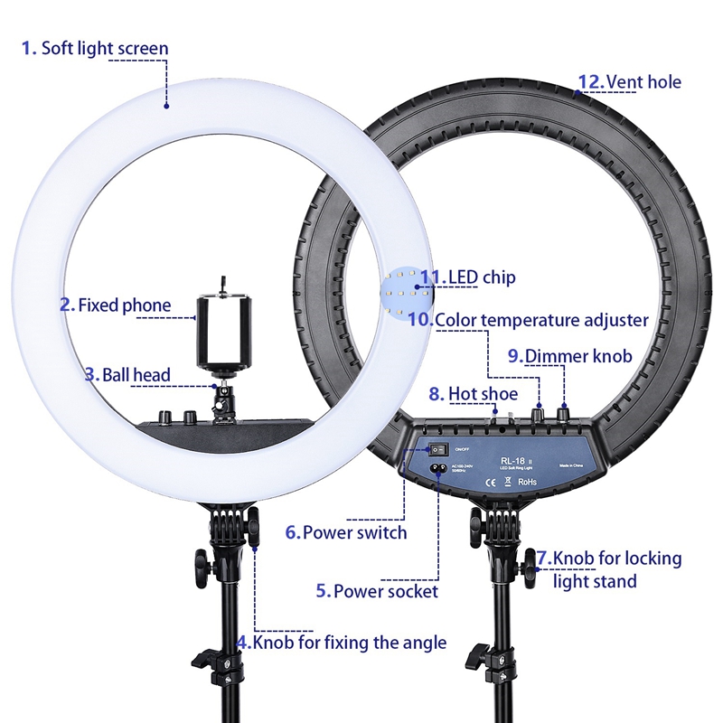 FOSOTO RL-18II Photographic Lighting 3200K-5600K 512 Led Ring Light Dimmable  for Camera ，Makeup