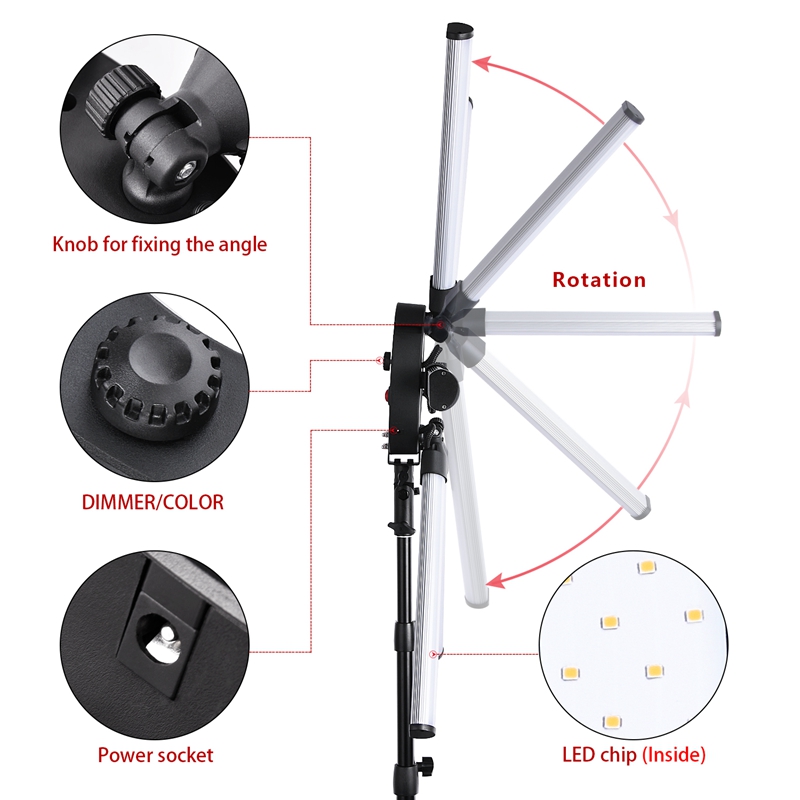 FOSOTO TL-1200S Dimmable 3200K-5500K Photography Makeup 6 Tubes Eyes Star 336 LED Video Photo Ring Light Lamp with Tripod For advertisement photography, shooting video