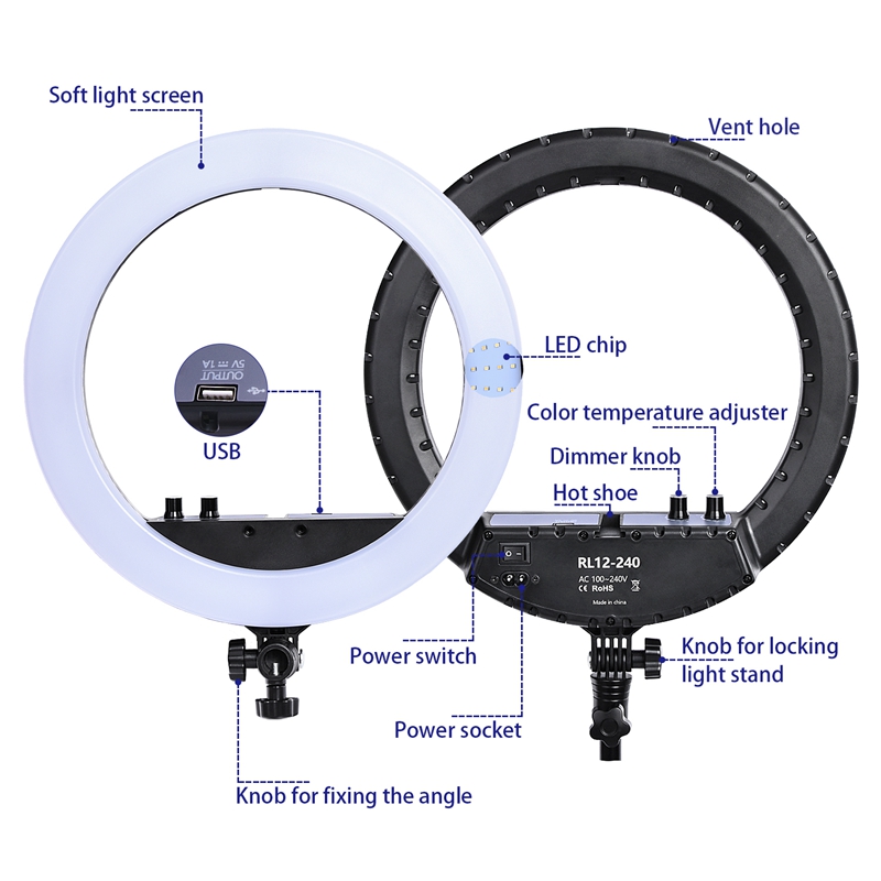 FOSOTO RL-12 240 Camera Photo Studio Phone Video 30W LED Ring Light 3200K-5500K Photography Dimmable Ring Lamp With Tripod