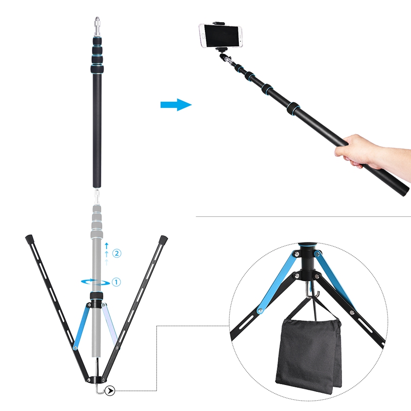 Fosoto FT-220 Carbon Fiber Blue Led Tripod Light Stand Head Softbox and Umbrella Flash Reflector For Photographic Lighting