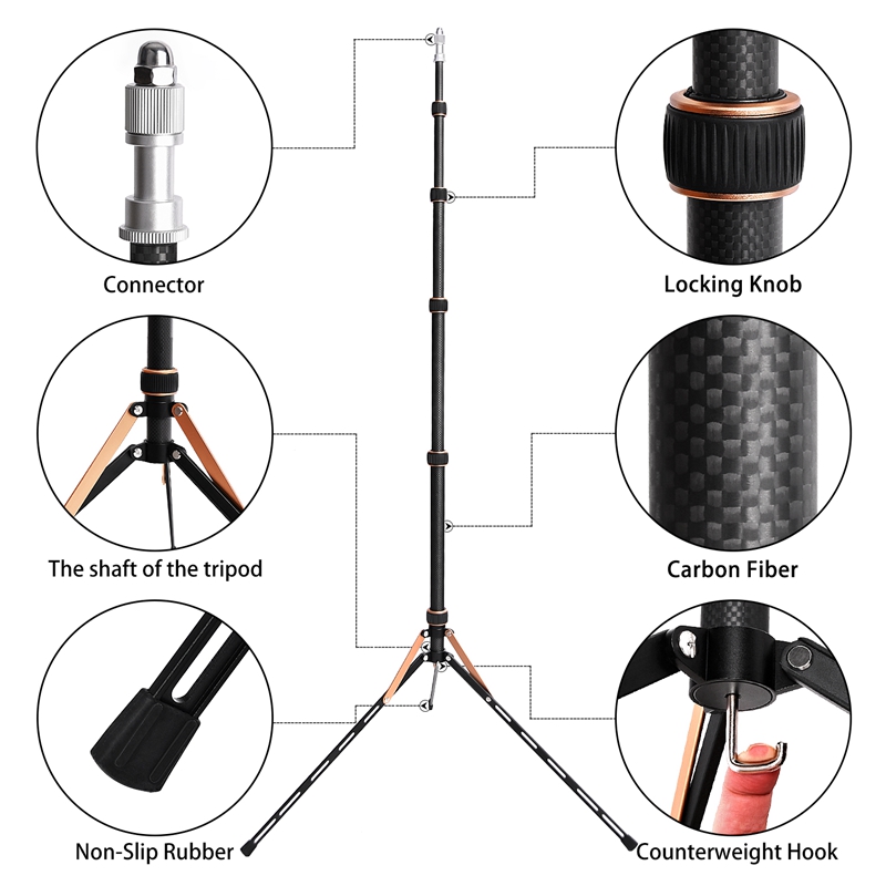 FOSOTO FT-220 Carbon Fiber Gold Led Light Tripod Stand Head Softbox and Umbrella Flash Reflector For Photo Studio Photographic Lighting