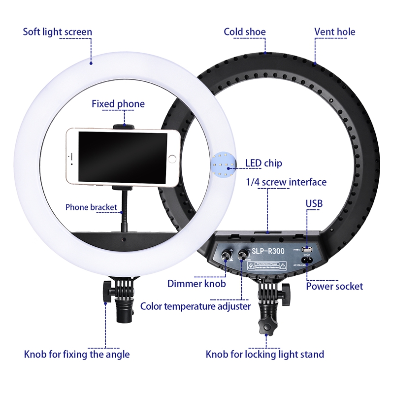 FOSOTO SLP-R300 LED Ring Light Photographic Lighting 2700-6500K 60W Ring Lamp With Tripod Stand For Makeup Camera Phone Video