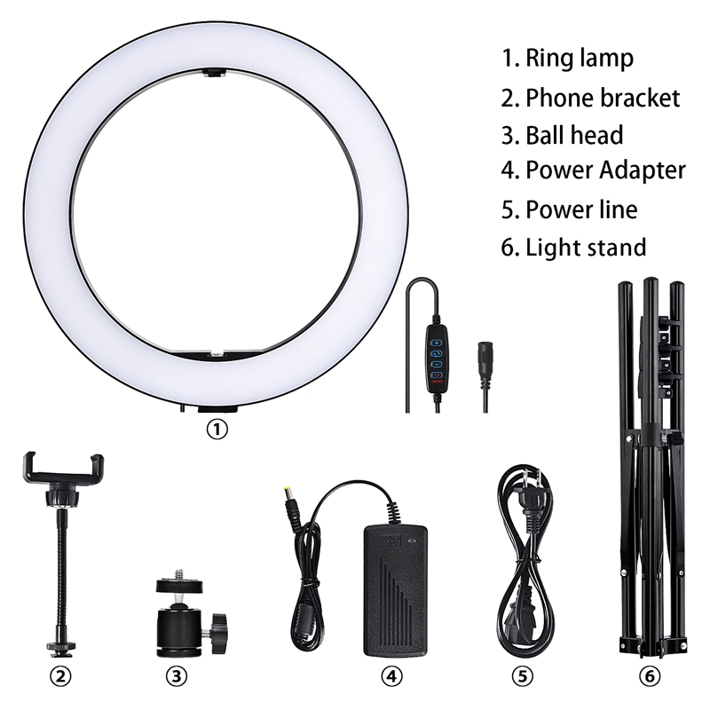 FOSOTO RL14-450 Video Light Dimmable LED Selfie Ring Light Photography Light with Phone Holder183CM tripod stand for Makeup Youtube