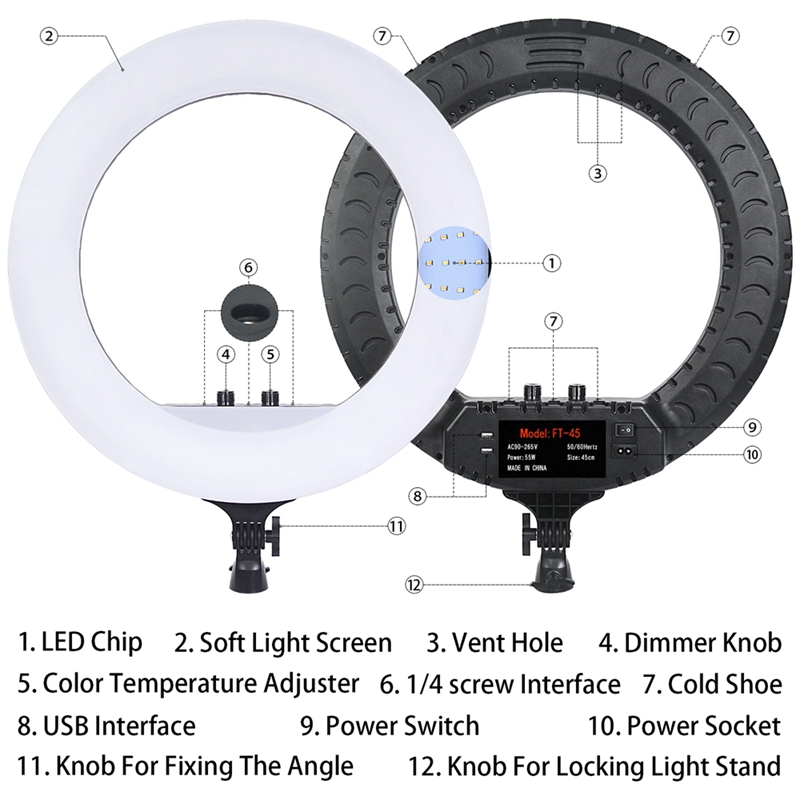 FOSOTO FT-4518inch 55W Dimmable Studio photographic lighting with remote control for Live Video Portrait Wedding