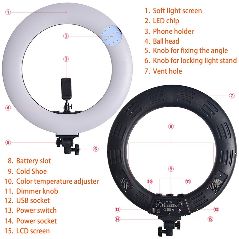 FOSOTO RL-480L18 inch LCD screen 60W Battery Operate LED Ring Light with light stand for video shooting