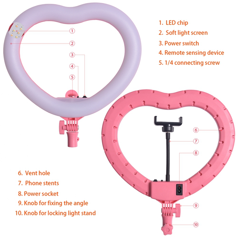 FOSOTO FT-X258 heart shaped ring light Modes makeup Selfie led ring light lamp with light stand