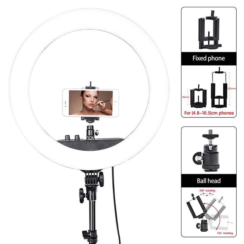 FOSOTO RL18II 55w 3200-5500k dimmable selfie led ring light with tripod stand for makeup, photography, camera video recording