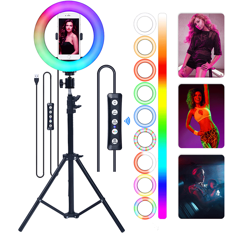 FOSOTO FT-20RGB 3200-5600K Portable phone holder LED Selfie Ring Light for Live, camera recording Makeup