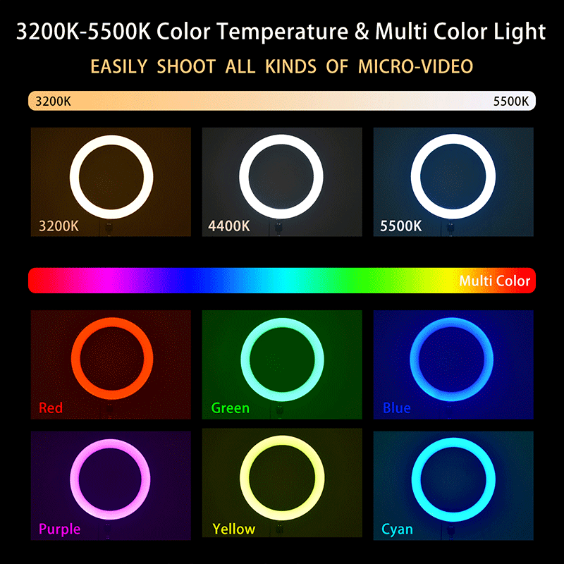 FOSOTO FT-20RGB 3200-5600K Portable phone holder LED Selfie Ring Light for Live, camera recording Makeup