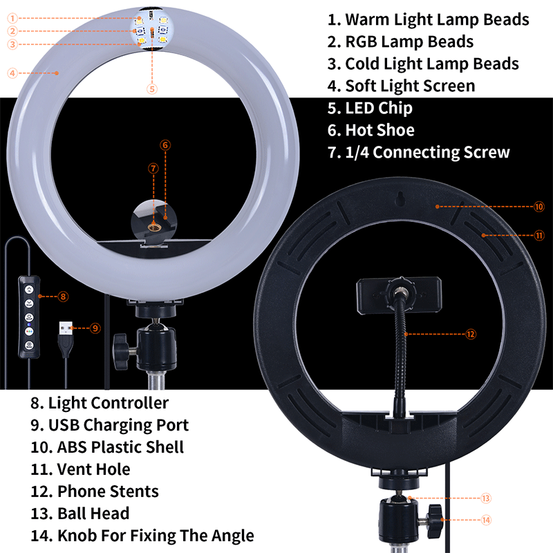 FOSOTO FT-20RGB 3200-5600K Portable phone holder LED Selfie Ring Light for Live, camera recording Makeup