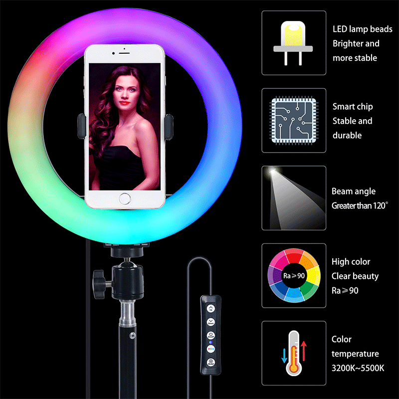 FOSOTO FT-20RGB 3200-5600K Portable phone holder LED Selfie Ring Light for Live, camera recording Makeup