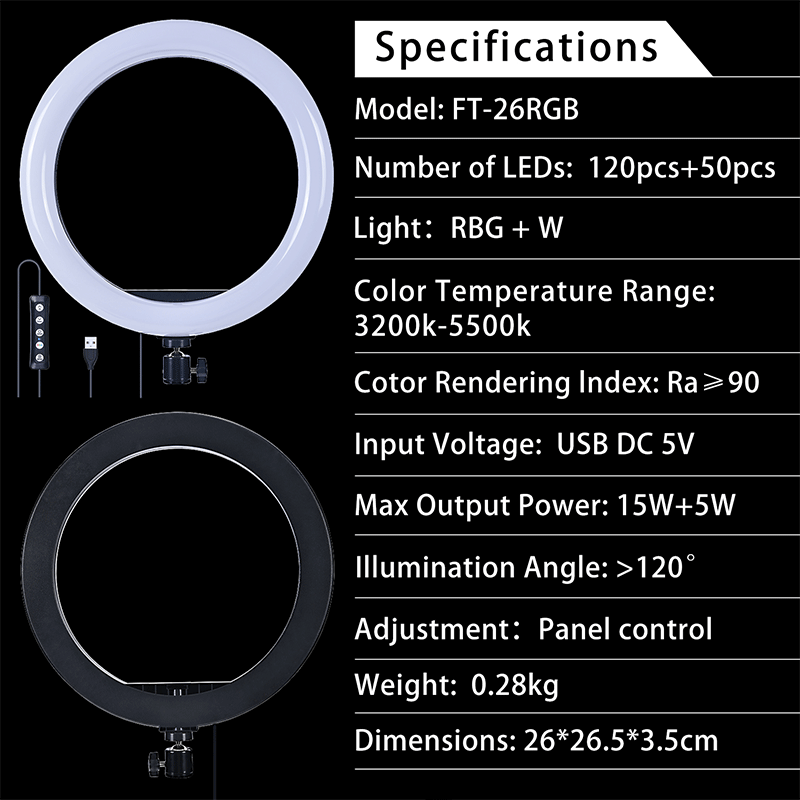 FOSOTO FT-26 RGB 20W 3200-5500K Cell Phone Ring Light Selfie for You Tube, TikTok, Photography lighting