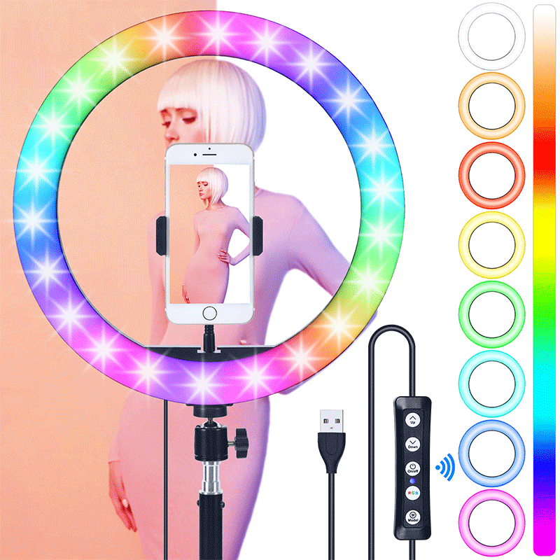 FOSOTO FT-33 3200-5600K RGB Selfie Ring Light Phone Holder with Tripod Stand for Makeup, Live Streaming, Video Recording