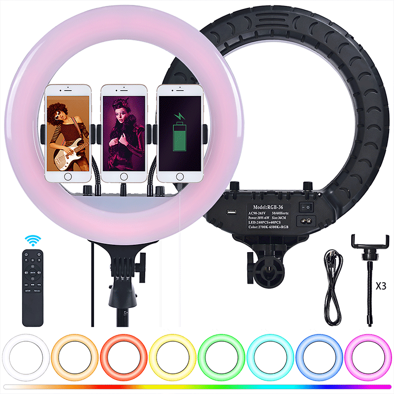 FOSOTO RL14 RGB 2700-6500K Full Color Ring Light with Phone Holder Remote Control for Camera, phone , Video Recording