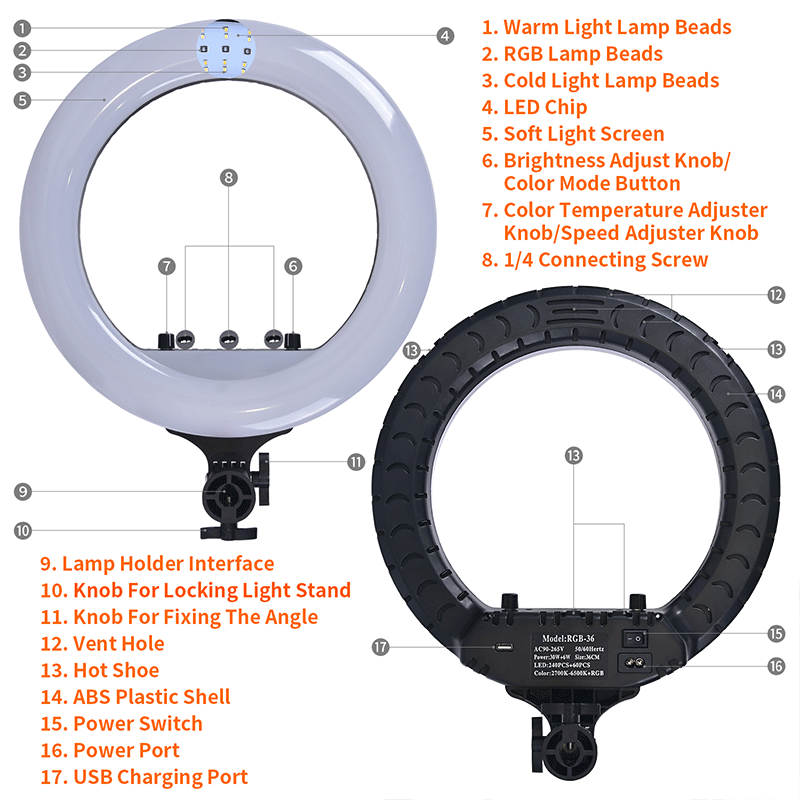 FOSOTO RL14 RGB 2700-6500K Full Color Ring Light with Phone Holder Remote Control for Camera, phone , Video Recording