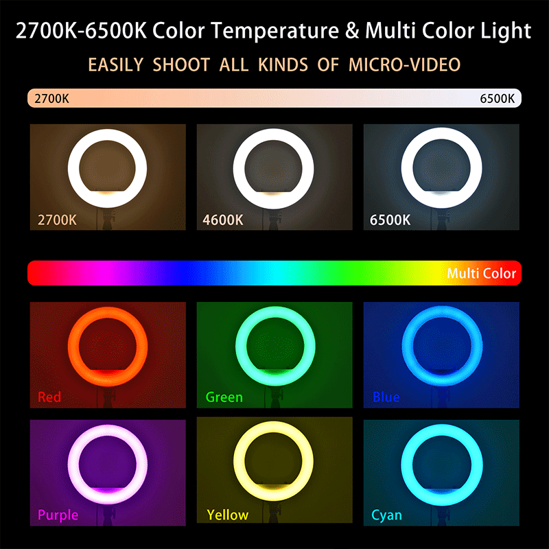 FOSOTO RL14 RGB 2700-6500K Full Color Ring Light with Phone Holder Remote Control for Camera, phone , Video Recording