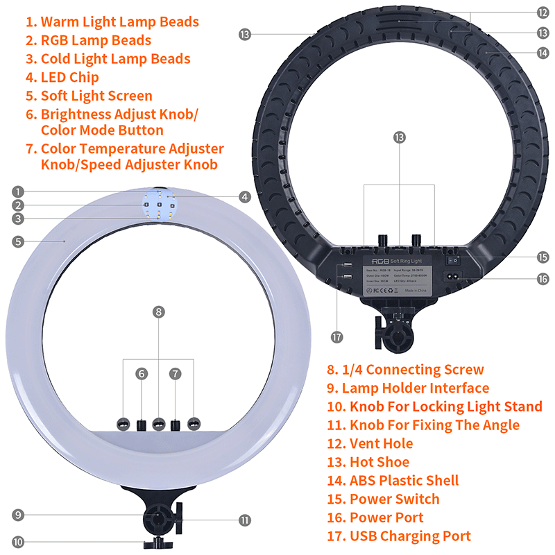 FOSOTO RL18 RGB 2700-6500K 55W LED Ring Light with Tripod phone Holder Video for TikTok, Photography, Makeup light