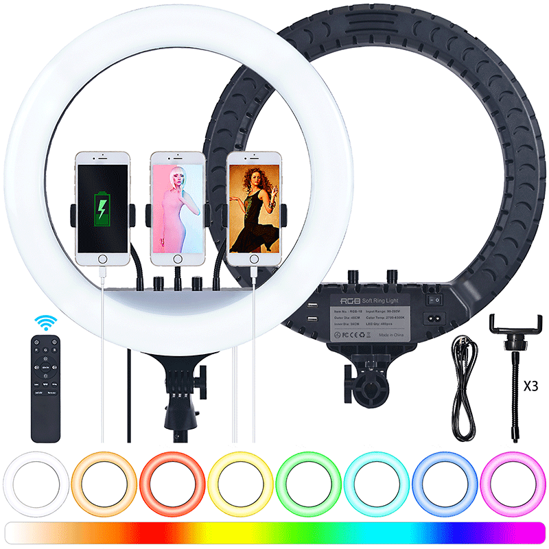 FOSOTO RL18 RGB 2700-6500K 55W LED Ring Light with Tripod phone Holder Video for TikTok, Photography, Makeup light