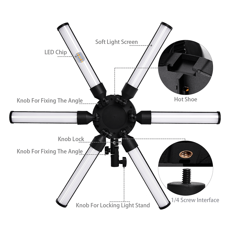 FOSOTO FT-06 Mini 60W 3200-5600K Miltimedia LED Star Ring Light with Tripod Standfor Smartphone, Camera Video Recording