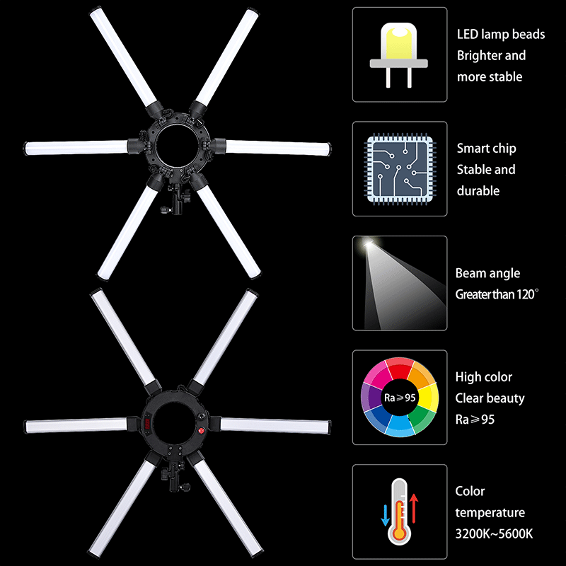 FOSOTO FT-06 3200-5600K Photography Makeup 6 Tubes Eyes Star LED Ring Light with 2M Tripod Stand for Makeup, Advertisement photography , Camera Recording