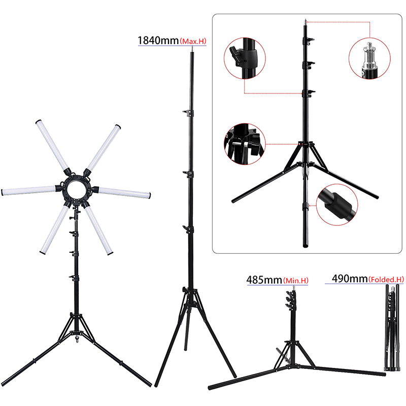 FOSOTO FT-06 3200-5600K Photography Makeup 6 Tubes Eyes Star LED Ring Light with 2M Tripod Stand for Makeup, Advertisement photography , Camera Recording