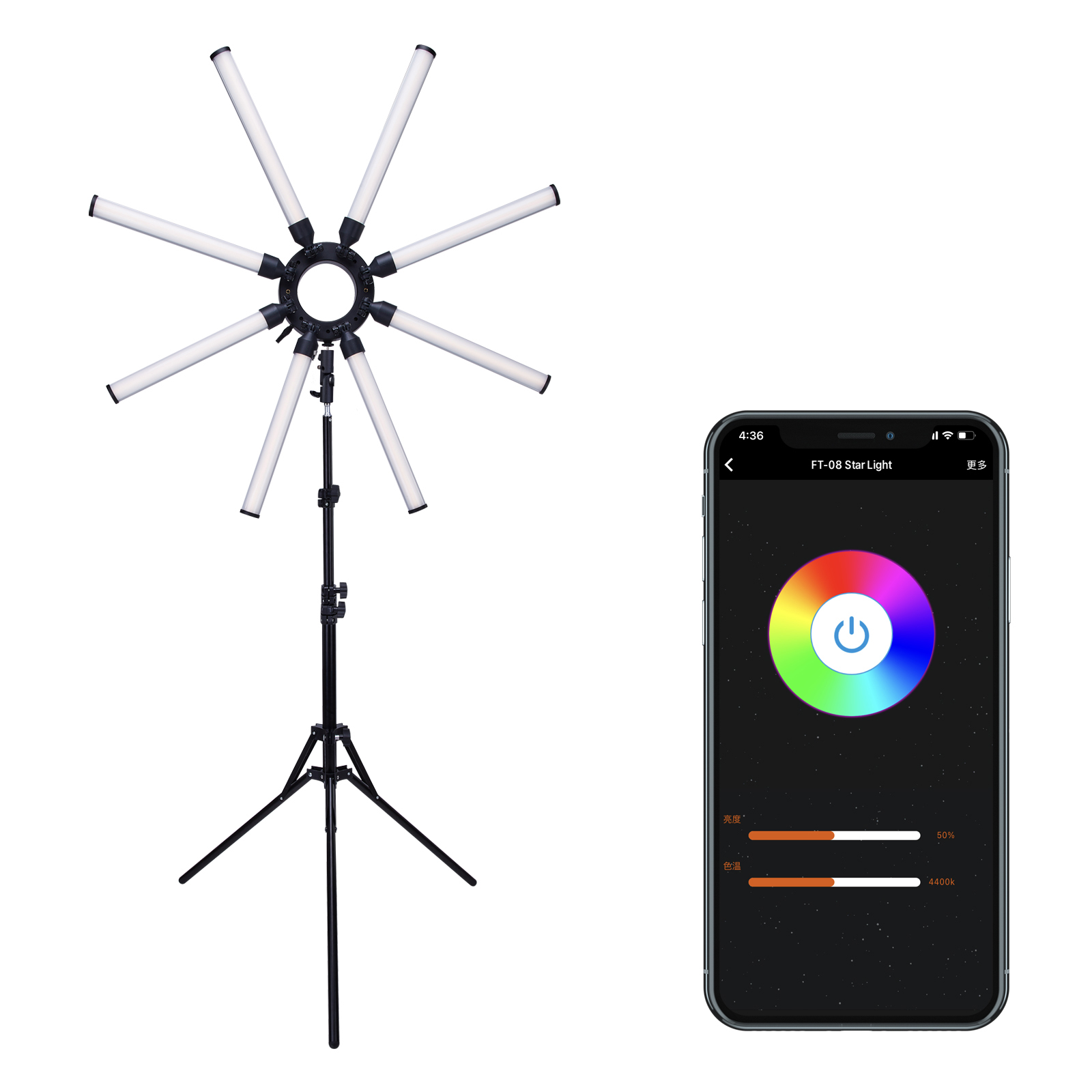 FOSOTO FT-08 150W 8 Tubes Star Light Led Professional Lamp Ring Light With USB Port App Control Tripod For Phone Photography Youtube