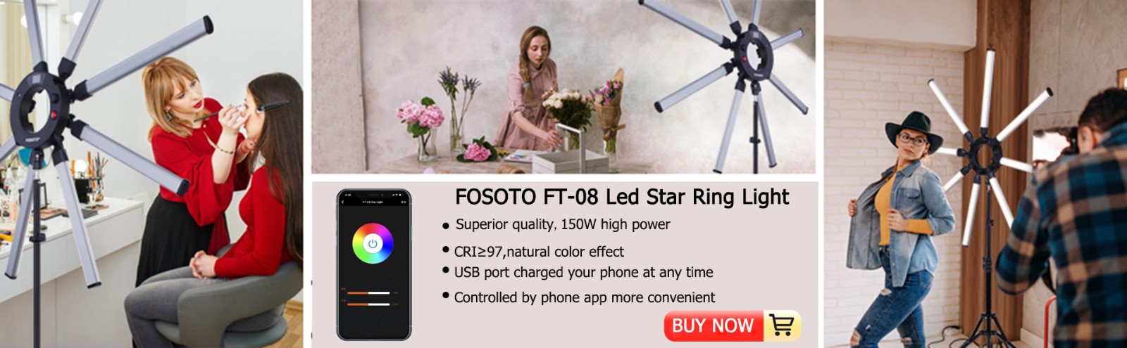 FOSOTO FT-08 150W 8 Tubes Star Light Led Professional Lamp Ring Light With USB Port App Control Tripod For Phone Photography Youtube