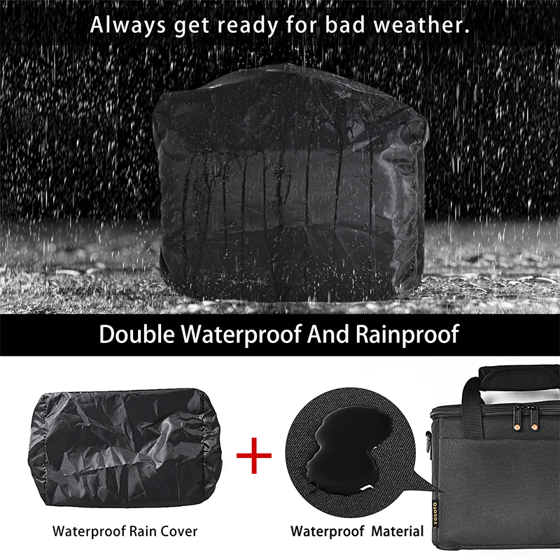 FOSOTO Padded Camera Case with Extra Rain Cover Compatible for Canon EOS Rebel T3i T5 T6 4000D SL2 Nikon B500 D3400 Panasonic Lumix FZ80 DSLR SLR Camera Lens (Black)