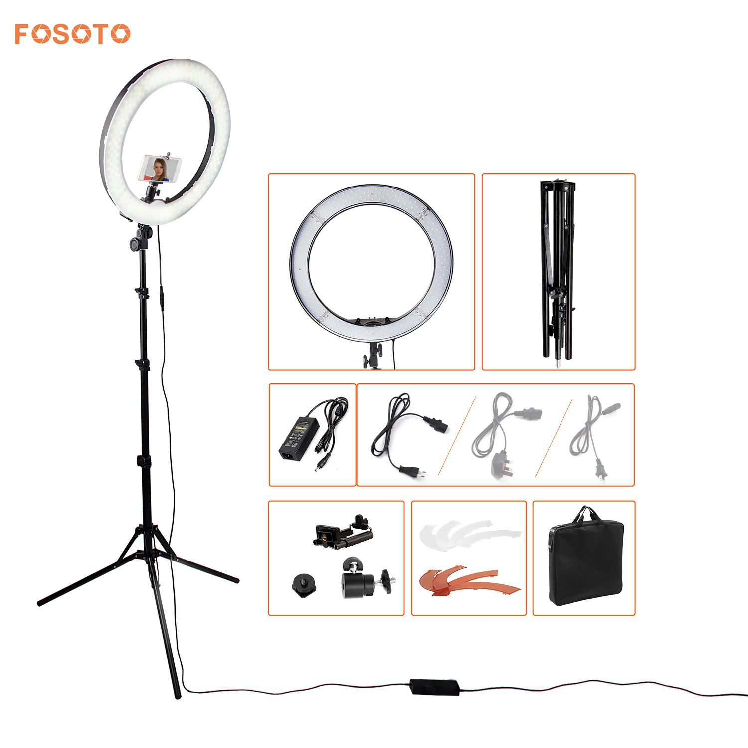 FOSOTO RL-18 LED Ring Light 5500K 55W Photo Studio Light Photography Dimmable Video for Smartphone with Tripod Phone Holder