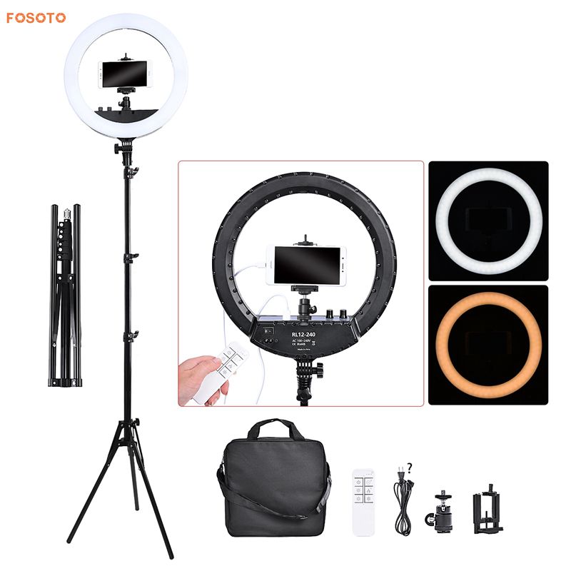 FOSOTO RL-12 240 Camera Photo Studio Phone Video 30W LED Ring Light 3200K-5500K Photography Dimmable Ring Lamp With Tripod