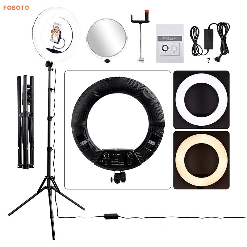 FOSOTO FS-480 II LED Ring light Kit with Tripod Stand for YouTube Video and Makeup, Mini LED Camera Light with Cell Phone Holder Desktop LED Lamp