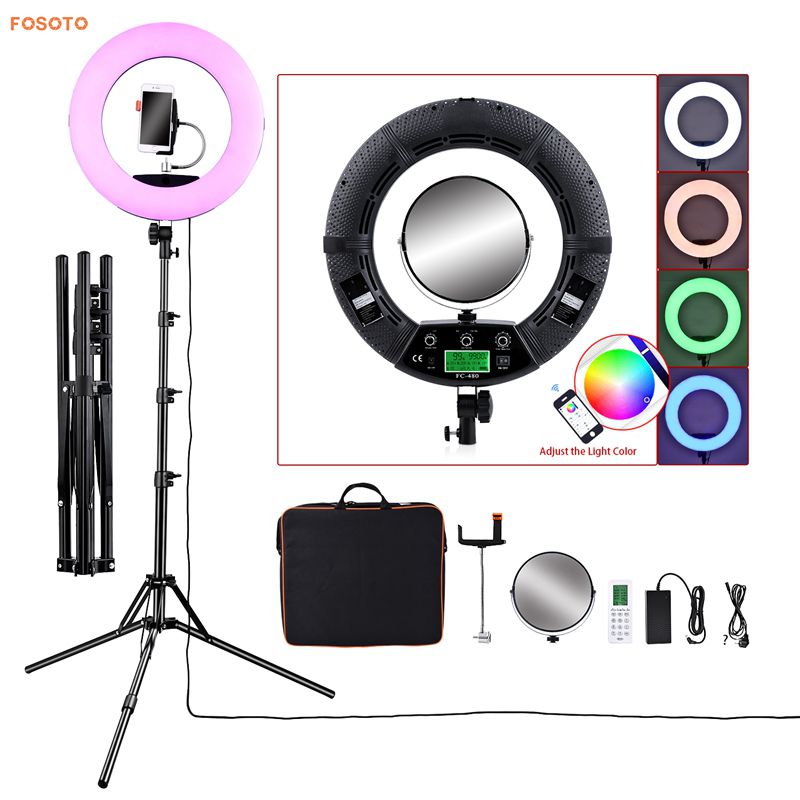 FOSOTO FC-480 3200-5500k Colorful 480 pcs Dimmable Led Photographic Lighting  96W Ring Light Lamp with Mirror for Camera, Phone, photo Studio