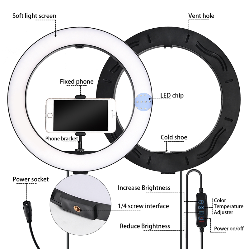 FOSOTO RL14-450 Video Light Dimmable LED Selfie Ring Light Photography Light with Phone Holder183CM tripod stand for Makeup Youtube