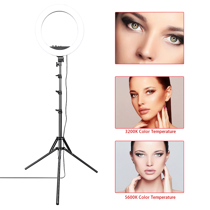 FOSOTO RL18II 55w 3200-5500k dimmable selfie led ring light with tripod stand for makeup, photography, camera video recording