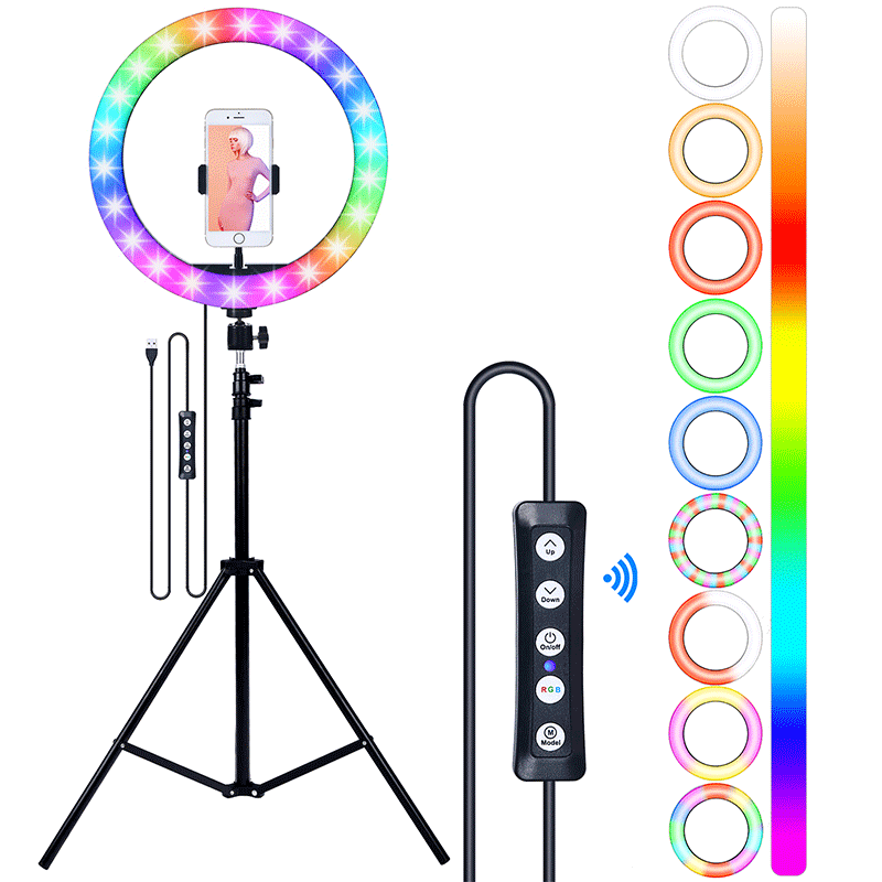 FOSOTO FT-33 3200-5600K RGB Selfie Ring Light Phone Holder with Tripod Stand for Makeup, Live Streaming, Video Recording