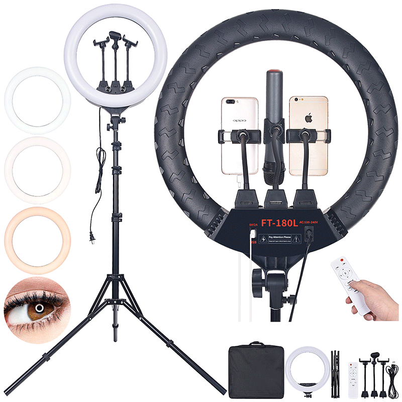 FOSOTO FT-180L/18inch 55W 3200-5600K LED video Light  with 3 Phone Holder and 2M Tripod Stand for Makeup YouTube, TikTok, Camera lights