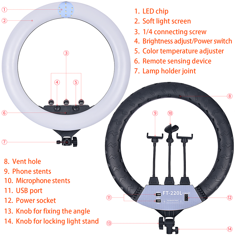 FOSOTO FT-220L/22inch 3200-5600K Selfie LED Ring Light with Tripod Video for TikTok, Makeup, Photography lights