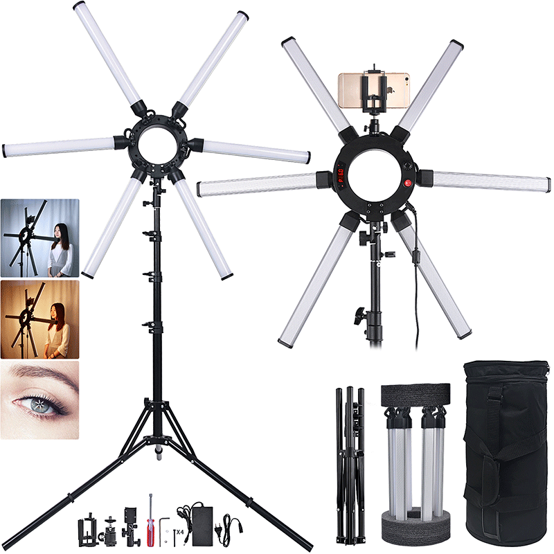 FOSOTO FT-06 3200-5600K Photography Makeup 6 Tubes Eyes Star LED Ring Light with 2M Tripod Stand for Makeup, Advertisement photography , Camera Recording