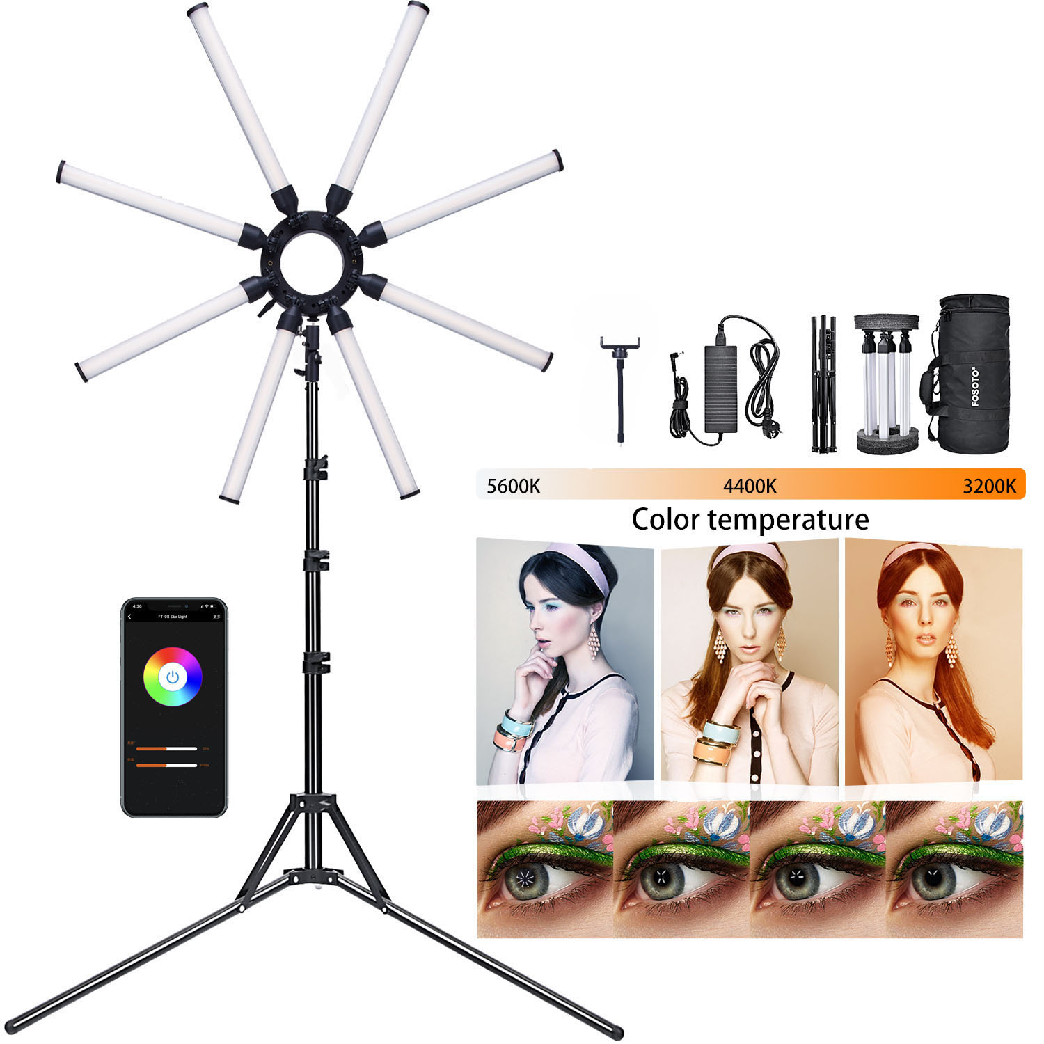 FOSOTO FT-08 150W 8 Tubes Star Light Led Professional Lamp Ring Light With USB Port App Control Tripod For Phone Photography Youtube